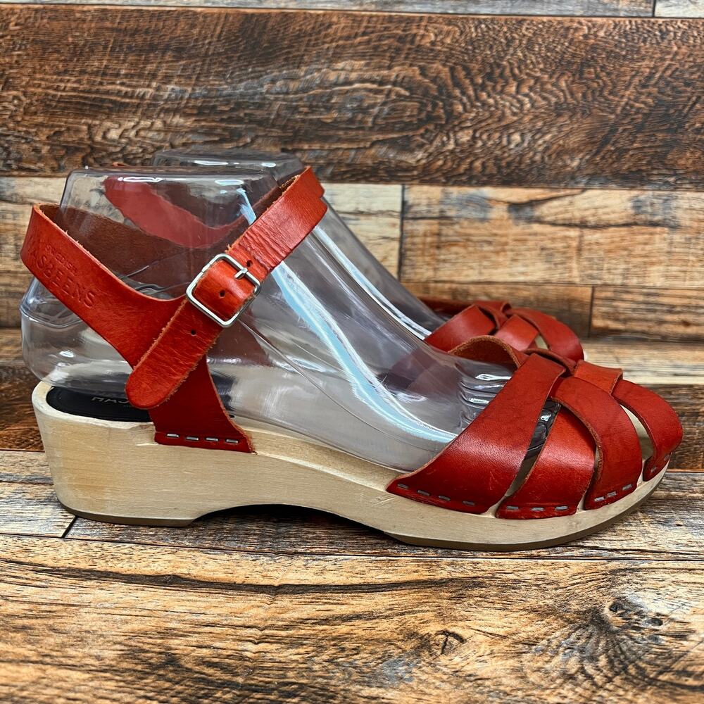 Swedish Hasbeens Magdalena Red Leather Clog Sandals Women's 10 EU 40 Shoes - Picture 5 of 12